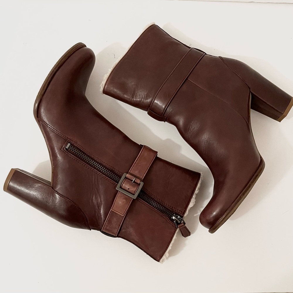 ECCO Brown Leather Ankle Boots Side Zip Block Heel Size 5 EU 35